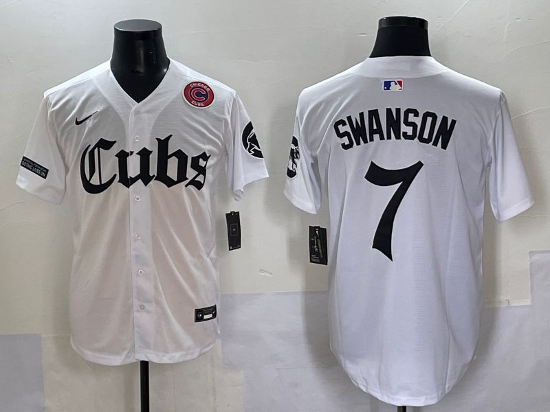 Men 2025 Chicago Cubs #7 Swanson White Five generations Joint Name Nike MLB Jersey style 12